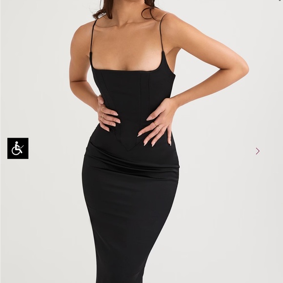 House of CB Anais Black Satin Pointed Corset Midi Dress - Picture 2 of 10